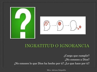 INGRATITUD O IGNORANCIA ¿Carga que cumplir? ¿No conoces a Dios? ¿No conoces lo que Dios ha hecho por ti? ¿Lo que hace por ti? Mtra. Adriana Delgadillo 