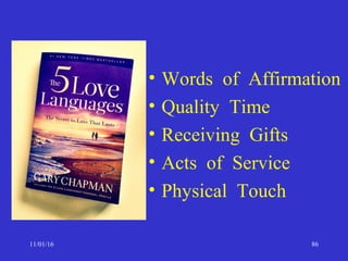 11/01/16 86
• Words of Affirmation
• Quality Time
• Receiving Gifts
• Acts of Service
• Physical Touch
 