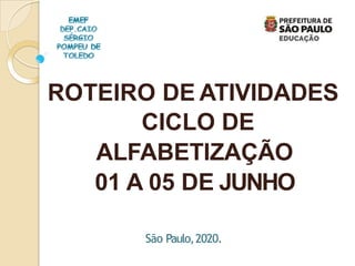 ROTEIRO DE ATIVIDADES
CICLO DE
ALFABETIZAÇÃO
01 A 05 DE JUNHO
São Paulo,2020.
 