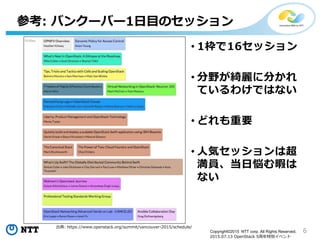 6Copyright©2015 NTT corp. All Rights Reserved.
2015.07.13 OpenStack 5周年特別イベント
参考: バンクーバー1日目のセッション
• 1枠で16セッション
• 分野が綺麗に分かれ
ているわけではない
• どれも重要
• 人気セッションは超
満員、当日悩む暇は
ない
出典: https://www.openstack.org/summit/vancouver-2015/schedule/
 