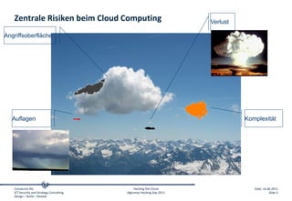 Zentrale Risiken beim Cloud Computing                              Verlust

Angriffsoberfläche




  Auflagen                                                                      Komplexität




   Consecom AG                                 Hacking the Cloud                   Date: 16.06.2011
   ICT Security and Strategy Consulting   digicomp Hacking Day 2011                          Slide 5
   Design – Build – Review
 