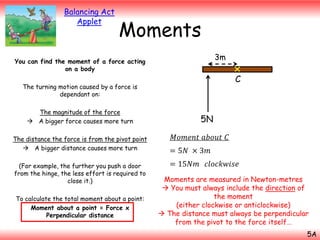 Balancing Act
Applet

Moments
3m

You can find the moment of a force acting
on a body

C

The turning motion caused by a force is
dependant on:
The magnitude of the force
 A bigger force causes more turn
The distance the force is from the pivot point
 A bigger distance causes more turn
(For example, the further you push a door
from the hinge, the less effort is required to
close it.)
To calculate the total moment about a point:
Moment about a point = Force x
Perpendicular distance

5N
𝑀𝑜𝑚𝑒𝑛𝑡 𝑎𝑏𝑜𝑢𝑡 𝐶
= 5𝑁 × 3𝑚
= 15𝑁𝑚 𝑐𝑙𝑜𝑐𝑘𝑤𝑖𝑠𝑒
Moments are measured in Newton-metres
 You must always include the direction of
the moment
(either clockwise or anticlockwise)
 The distance must always be perpendicular
from the pivot to the force itself…
5A

 