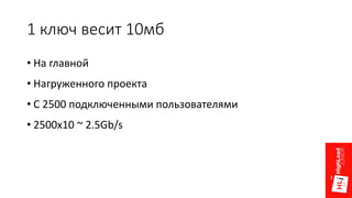 1 ключ весит 10мб
• На главной
• Нагруженного проекта
• С 2500 подключенными пользователями
• 2500x10 ~ 2.5Gb/s
 