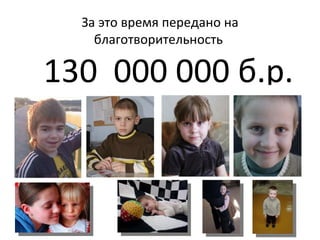 За это время передано на
    благотворительность

130 000 000 б.р.
 