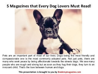 5 Magazines that Every Dog Lovers Must Read!
This presentation is brought to you by Bookmymagazine.com
Pets are an important part of most of our lives. Dogs being the most friendly and
compassionate one is the most commonly adopted pets. Not just pets, there are
many who seek peace by being affectionate towards the streets dogs. We see many
people who are rough and strong but as soon as they hug their dogs, they turn to an
innocent child. That’s the love between human and dogs.
 