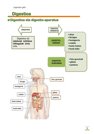 Laguntza gela 
6 
Digestioa 
Digestioa eta digestio-aparatua 
DIGESTIOA 
DIGESTIO- APARATUA 
Digestioa da 
jatekoak txikit...