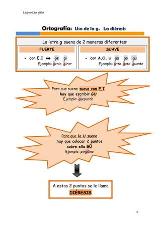 Laguntza gela
6
Ortografía: Uso de la g. La diéresis
La letra g suena de 2 maneras diferentes:
FUERTE
 con E,I ge gi
Ejemplo: genio girar
SUAVE
 con A,O, U ga go gu
Ejemplo: gato gota guante
Para que suene suave con E,I
hay que escribir GU
Ejemplo: guepardo
Para que la U suene
hay que colocar 2 puntos
sobre ella GÜ
Ejemplo: pingüino
A estos 2 puntos se le llama
DIÉRESIS
 