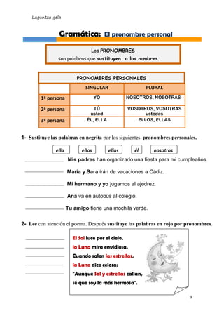 Laguntza gela
9
1- Sustituye las palabras en negrita por los siguientes pronombres personales.
Mis padres han organizado una fiesta para mi cumpleaños.
María y Sara irán de vacaciones a Cádiz.
Mi hermano y yo jugamos al ajedrez.
Ana va en autobús al colegio.
Tu amigo tiene una mochila verde.
2- Lee con atención el poema. Después sustituye las palabras en rojo por pronombres.
SINGULAR PLURAL
1ª persona YO NOSOTROS, NOSOTRAS
2ª persona TÚ
usted
VOSOTROS, VOSOTRAS
ustedes
3ª persona ÉL, ELLA ELLOS, ELLAS
Gramática: El pronombre personal
Los PRONOMBRES
son palabras que sustituyen a los nombres.
PRONOMBRES PERSONALES
ellos ellas él nosotrosella
El Sol luce por el cielo,
la Luna mira envidiosa.
Cuando salen las estrellas,
la Luna dice celosa:
"Aunque Sol y estrellas callan,
sé que soy la más hermosa".
 
