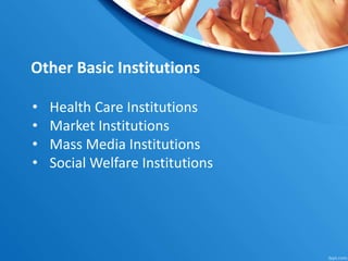 • Health Care Institutions
• Market Institutions
• Mass Media Institutions
• Social Welfare Institutions
Other Basic Institutions
 