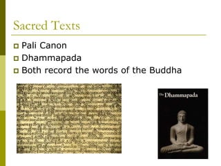 Sacred Texts
 Pali Canon
 Dhammapada
 Both record the words of the Buddha
 