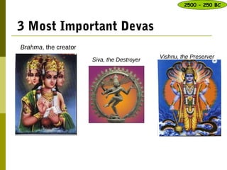 Who do Hindus worship? –
3 Most Important Devas
Brahma, the creator
2500 – 250 BC
Siva, the Destroyer
Vishnu, the Preserver
 