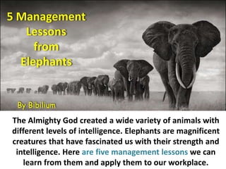 The Almighty God created a wide variety of animals with
different levels of intelligence. Elephants are magnificent
creatures that have fascinated us with their strength and
intelligence. Here are five management lessons we can
learn from them and apply them to our workplace.
5 Management
Lessons
from
Elephants
By Bibilium
 