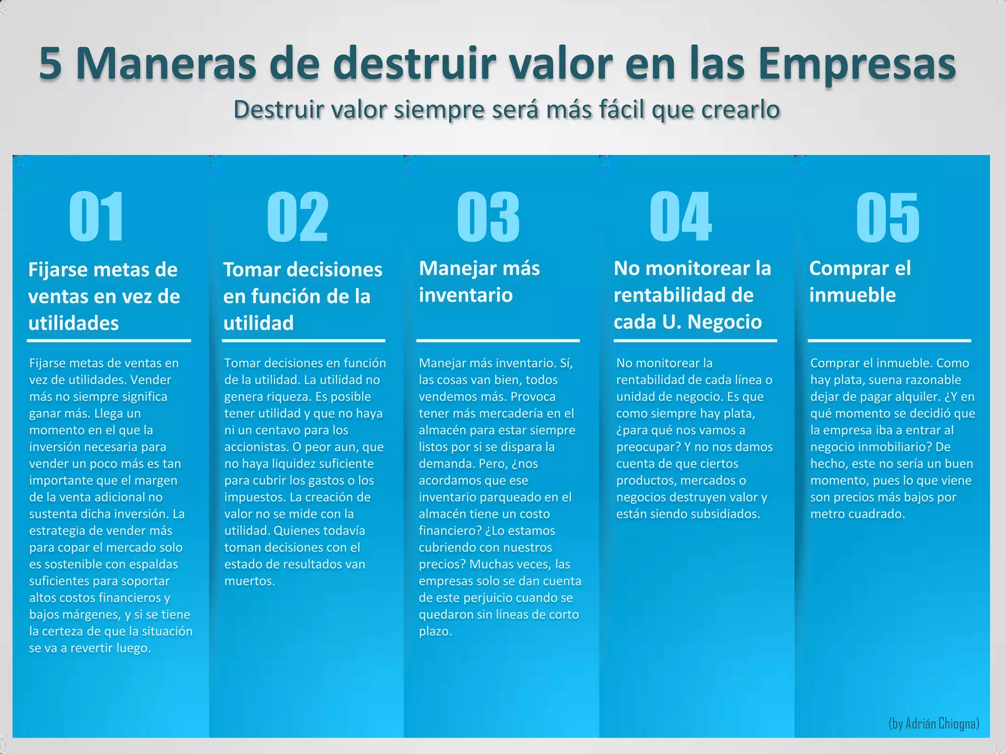 5 Maneras de destruir valor en las Empresas
Destruir valor siempre será más fácil que crearlo

01

02

03

04

05

Fijarse metas de
ventas en vez de
utilidades

Tomar decisiones
en función de la
utilidad

Manejar más
inventario

No monitorear la
rentabilidad de
cada U. Negocio

Comprar el
inmueble

Fijarse metas de ventas en
vez de utilidades. Vender
más no siempre significa
ganar más. Llega un
momento en el que la
inversión necesaria para
vender un poco más es tan
importante que el margen
de la venta adicional no
sustenta dicha inversión. La
estrategia de vender más
para copar el mercado solo
es sostenible con espaldas
suficientes para soportar
altos costos financieros y
bajos márgenes, y si se tiene
la certeza de que la situación
se va a revertir luego.

Tomar decisiones en función
de la utilidad. La utilidad no
genera riqueza. Es posible
tener utilidad y que no haya
ni un centavo para los
accionistas. O peor aun, que
no haya liquidez suficiente
para cubrir los gastos o los
impuestos. La creación de
valor no se mide con la
utilidad. Quienes todavía
toman decisiones con el
estado de resultados van
muertos.

Manejar más inventario. Sí,
las cosas van bien, todos
vendemos más. Provoca
tener más mercadería en el
almacén para estar siempre
listos por si se dispara la
demanda. Pero, ¿nos
acordamos que ese
inventario parqueado en el
almacén tiene un costo
financiero? ¿Lo estamos
cubriendo con nuestros
precios? Muchas veces, las
empresas solo se dan cuenta
de este perjuicio cuando se
quedaron sin líneas de corto
plazo.

No monitorear la
rentabilidad de cada línea o
unidad de negocio. Es que
como siempre hay plata,
¿para qué nos vamos a
preocupar? Y no nos damos
cuenta de que ciertos
productos, mercados o
negocios destruyen valor y
están siendo subsidiados.

Comprar el inmueble. Como
hay plata, suena razonable
dejar de pagar alquiler. ¿Y en
qué momento se decidió que
la empresa iba a entrar al
negocio inmobiliario? De
hecho, este no sería un buen
momento, pues lo que viene
son precios más bajos por
metro cuadrado.

(by Adrián Chiogna)

 