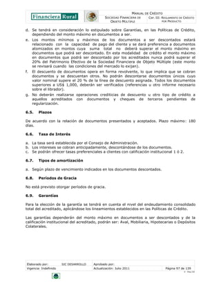 MANUAL DE CRÉDITO
                                               SOCIEDAD FINANCIERA DE        CAP. III: REGLAMENTO DE CRÉDITO
                                                  OBJETO MÚLTIPLE                      POR PRODUCTO


d. Se tendrá en consideración lo estipulado sobre Garantías, en las Políticas de Crédito,
   dependiendo del monto máximo en documentos a ser.
e. Los montos mínimos y máximos de los documentos a ser descontados estará
   relacionado con la capacidad de pago del cliente y se dará preferencia a documentos
   atomizados en montos cuya suma total no deberá superar el monto máximo en
   documentos que podrá ser descontado. En esta modalidad de crédito el monto máximo
   en documentos que podrá ser descontado por los acreditados nunca podrá superar el
   20% del Patrimonio Efectivo de la Sociedad Financiera de Objeto Múltiple (este monto
   se revisará cuando las condiciones del mercado lo exijan).
f.   El descuento de documentos opera en forma revolvente, lo que implica que se cobran
     documentos y se descuentan otros. No podrán descontarse documentos únicos cuyo
     valor nominal supere el 20 % de la línea de descuento asignada. Todos los documentos
     superiores a US$ 1,000, deberán ser verificados (referencias u otro informe necesario
     sobre el librador).
g. No deberán realizarse operaciones crediticias de descuento u otro tipo de crédito a
   aquellos acreditados con documentos y cheques de terceros pendientes de
   regularización.

6.5.    Plazos

De acuerdo con la relación de documentos presentados y aceptados. Plazo máximo: 180
días.

6.6.    Tasa de Interés

a. La tasa será establecida por el Consejo de Administración.
b. Los intereses se cobran anticipadamente, descontándose de los documentos.
c. Se podrán ofrecer tasas preferenciales a clientes con calificación institucional 1 ó 2.

6.7.    Tipos de amortización

a. Según plazo de vencimiento indicados en los documentos descontados.

6.8.    Períodos de Gracia

No está previsto otorgar períodos de gracia.

6.9.    Garantías

Para la elección de la garantía se tendrá en cuenta el nivel del endeudamiento consolidado
total del acreditado, aplicándose los lineamientos establecidos en las Políticas de Crédito.

Las garantías dependerán del monto máximo en documentos a ser descontados y de la
calificación institucional del acreditado, podrán ser: Aval, Mobiliaria, Hipotecarias o Depósitos
Colaterales.




Elaborado por:         SIC DESARROLLO   Aprobado por:
Vigencia: Indefinido                    Actualización: Julio 2011                       Página 97 de 139
                                                                                                     V - Ene./10
 