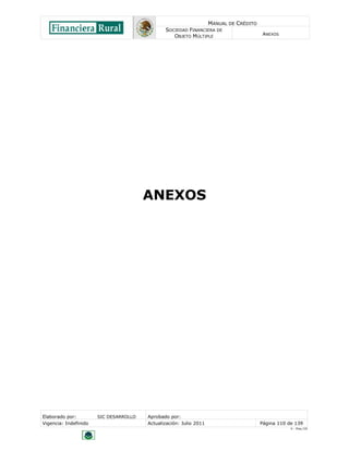 MANUAL DE CRÉDITO
SOCIEDAD FINANCIERA DE
OBJETO MÚLTIPLE
ANEXOS
Elaborado por: SIC DESARROLLO Aprobado por:
Vigencia: Indefinido Actualización: Julio 2011 Página 110 de 139
V - Ene./10
ANEXOS
 