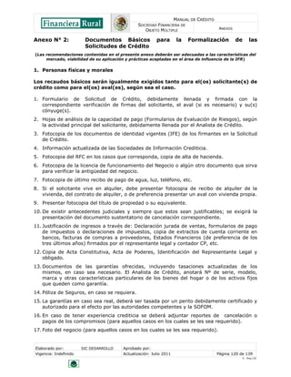 MANUAL DE CRÉDITO
SOCIEDAD FINANCIERA DE
OBJETO MÚLTIPLE
ANEXOS
Elaborado por: SIC DESARROLLO Aprobado por:
Vigencia: Indefinido Actualización: Julio 2011 Página 120 de 139
V - Ene./10
Anexo N° 2: Documentos Básicos para la Formalización de las
Solicitudes de Crédito
(Las recomendaciones contenidas en el presente anexo deberán ser adecuadas a las características del
mercado, viabilidad de su aplicación y prácticas aceptadas en el área de influencia de la IFR)
1. Personas físicas y morales
Los recaudos básicos serán igualmente exigidos tanto para el(os) solicitante(s) de
crédito como para el(os) aval(es), según sea el caso.
1. Formulario de Solicitud de Crédito, debidamente llenada y firmada con la
correspondiente verificación de firmas del solicitante, el aval (si es necesario) y su(s)
cónyuge(s).
2. Hojas de análisis de la capacidad de pago (Formularios de Evaluación de Riesgos), según
la actividad principal del solicitante, debidamente llenada por el Analista de Crédito.
3. Fotocopia de los documentos de identidad vigentes (IFE) de los firmantes en la Solicitud
de Crédito.
4. Información actualizada de las Sociedades de Información Crediticia.
5. Fotocopia del RFC en los casos que corresponda, copia de alta de hacienda.
6. Fotocopia de la licencia de funcionamiento del Negocio o algún otro documento que sirva
para verificar la antigüedad del negocio.
7. Fotocopia de último recibo de pago de agua, luz, teléfono, etc.
8. Si el solicitante vive en alquiler, debe presentar fotocopia de recibo de alquiler de la
vivienda, del contrato de alquiler, o de preferencia presentar un aval con vivienda propia.
9. Presentar fotocopia del título de propiedad o su equivalente.
10. De existir antecedentes judiciales y siempre que estos sean justificables; se exigirá la
presentación del documento sustentatorio de cancelación correspondiente.
11. Justificación de ingresos a través de: Declaración jurada de ventas, formularios de pago
de impuestos o declaraciones de impuestos, copia de extractos de cuenta corriente en
bancos, facturas de compras a proveedores, Estados Financieros (de preferencia de los
tres últimos años) firmados por el representante legal y contador CP, etc.
12. Copia de Acta Constitutiva, Acta de Poderes, Identificación del Representante Legal y
obligado.
13. Documentos de las garantías ofrecidas, incluyendo tasaciones actualizadas de los
mismos, en caso sea necesario. El Analista de Crédito, anotará Nº de serie, modelo,
marca y otras características particulares de los bienes del hogar o de los activos fijos
que queden como garantía.
14. Póliza de Seguros, en caso se requiera.
15. La garantías en caso sea real, deberá ser tasada por un perito debidamente certificado y
autorizado para el efecto por las autoridades competentes y la SOFOM.
16. En caso de tener experiencia crediticia se deberá adjuntar reportes de cancelación o
pagos de los compromisos (para aquellos casos en los cuales se les sea requerido).
17. Foto del negocio (para aquellos casos en los cuales se les sea requerido).
 