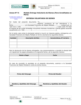 MANUAL DE CRÉDITO
SOCIEDAD FINANCIERA DE
OBJETO MÚLTIPLE
ANEXOS
Elaborado por: SIC DESARROLLO Aprobado por:
Vigencia: Indefinido Actualización: Julio 2011 Página 131 de 139
V - Ene./10
Anexo N° 9: Modelo Entrega Voluntaria de Bienes (Para Acreditados en
Mora)
ENTREGA VOLUNTARIA DE BIENES
Por medio del presente documento Yo,..................................................................
y,........................................................dejamos constancia de que adeudamos a la
fecha........................ a la Sociedad Financiera de Objeto Múltiple,............. cuota(s) por un
valor de $ / US$ ………........................ (.........................................) cada cuota. En total
el importe de las cuotas atrasadas incluyendo intereses moratorios y demás gastos asciende
actualmente a $ / US$ ……………. (………………………..............................).
Por lo tanto, para evitar la demanda Judicial e incurrir en mayores gastos, entregamos a la
Sociedad Financiera de Objeto Múltiple en forma voluntaria los siguientes bienes:
Cantidad Descripción del Bien Características, Nº de Serie
Para la devolución de los bienes entregados, nos comprometemos a cancelar la deuda total
y/o regularizar los pagos atrasados en la siguiente fecha y de la siguiente manera:
Monto a Pagar Fecha
En caso de incumplir lo acordado en el presente documento, autorizo a la Sociedad
Financiera de Objeto Múltiple la venta de dichos bienes.
Firma del Cónyuge Firma del Deudor
Nombre y Apellidos del Cónyuge Nombres y Apellidos del Deudor
IFE: IFE:
No debe llevar Logotipo: Es
una solicitud que envía el
Cliente
 