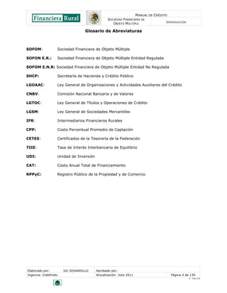 MANUAL DE CRÉDITO
SOCIEDAD FINANCIERA DE
OBJETO MÚLTIPLE
INTRODUCCIÓN
Elaborado por: SIC DESARROLLO Aprobado por:
Vigencia: Indefinido Actualización: Julio 2011 Página 4 de 139
V - Ene./10
Glosario de Abreviaturas
SOFOM: Sociedad Financiera de Objeto Múltiple
SOFON E.R.: Sociedad Financiera de Objeto Múltiple Entidad Regulada
SOFOM E.N.R: Sociedad Financiera de Objeto Múltiple Entidad No Regulada
SHCP: Secretaría de Hacienda y Crédito Público
LGOAAC: Ley General de Organizaciones y Actividades Auxiliares del Crédito
CNBV: Comisión Nacional Bancaria y de Valores
LGTOC: Ley General de Títulos y Operaciones de Crédito
LGSM: Ley General de Sociedades Mercantiles
IFR: Intermediarios Financieros Rurales
CPP: Costo Porcentual Promedio de Captación
CETES: Certificados de la Tesorería de la Federación
TIIE: Tasa de Interés Interbancaria de Equilibrio
UDI: Unidad de Inversión
CAT: Costo Anual Total de Financiamiento
RPPyC: Registro Público de la Propiedad y de Comercio
 