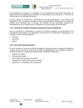MANUAL DE CRÉDITO
SOCIEDAD FINANCIERA DE
OBJETO MÚLTIPLE
CAP. II: PROCEDIMIENTOS CREDITICIOS
Elaborado por: SIC DESARROLLO Aprobado por:
Vigencia: Indefinido Actualización: Julio 2011 Página 72 de 139
V - Ene./10
Los desembolsos en efectivo se realizarán en una ventanilla de Caja de las Sucursales. El
Cajero debe ser cuidadoso(a) al certificar la autenticidad de las personas y firma de los
mismos previo a la entrega del efectivo.
En esta ocasión se revisará la conformidad del día del desembolso, si por demora del
acreditado u otros motivos se excede la fecha de desembolso aprobada por el Comité de
Crédito, será necesario que el Auxiliar de Créditos de las Sucursales coordine con
Contabilidad para que regularice en el expediente una nueva fecha de desembolso.
7.14. Auxiliar de Crédito Entrega Documentación para Custodia (θ)
Una vez concluido el desembolso, el Auxiliar de Crédito entregará los documentos de la
formalización del crédito a los respectivos funcionarios de la institución encargados de su
custodia y archivo correspondiente:
 Contrato
 Garantías
 Pagaré
7.15. Se Archiva Documentación
De igual manera, el Auxiliar de Crédito entregará a Recuperaciones el expediente quedando
a cargo de los mismos su archivo en el lugar correspondiente; en su defecto, quedará a
cargo de Créditos la custodia del expediente del acreditado conteniendo:
 Solicitud de crédito
 Informes del Crédito
 Documentos que sustentan el análisis
 Propuesta de crédito del Analista de Crédito
 Aprobación y la liquidación de la operación
 