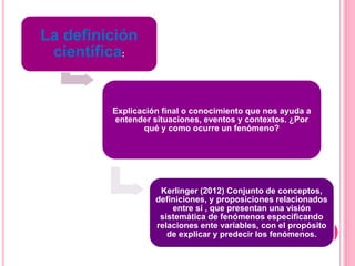 La definición
científica:
Explicación final o conocimiento que nos ayuda a
entender situaciones, eventos y contextos. ¿Por
qué y como ocurre un fenómeno?
Kerlinger (2012) Conjunto de conceptos,
definiciones, y proposiciones relacionados
entre sí , que presentan una visión
sistemática de fenómenos especificando
relaciones ente variables, con el propósito
de explicar y predecir los fenómenos.
 