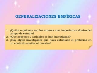 GENERALIZACIONES EMPÌRICAS
1. ¿Quién o quienes son los autores mas importantes dentro del
campo de estudio?
2. ¿Qué aspectos y variables se han investigado?
3. ¿Hay algún investigador que haya estudiado el problema en
un contexto similar al nuestro?
 