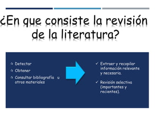  Detectar
 Obtener
 Consultar bibliografía u
otros materiales
¿En que consiste la revisión
de la literatura?
 Extraer y recopilar
información relevante
y necesaria.
 Revisión selectiva
(importantes y
recientes).
 