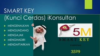SMART KEY
(Kunci Cerdas) iKonsultan
 MENGENALKAN
 MENGUNDANG
 MENGAJAK
 MENGHADIRI
 MENDAFTARKAN
S M A R T K E Y
PASSWOrD
3529
 