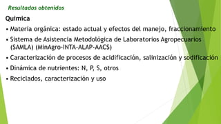Resultados obtenidos
Química
• Materia orgánica: estado actual y efectos del manejo, fraccionamiento
• Sistema de Asistencia Metodológica de Laboratorios Agropecuarios
(SAMLA) (MinAgro-INTA-ALAP-AACS)
• Caracterización de procesos de acidificación, salinización y sodificación
• Dinámica de nutrientes: N, P, S, otros
• Reciclados, caracterización y uso
 