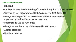 Resultados obtenidos
Fertilidad
• Calibración de métodos de diagnóstico de N, P y S en cultivos anuales
• Sistema de interlaboratorios PROINSA (MinAgro-INTA-AACS-INTI)
• Manejo sitio-específico de nutrientes: Desarrollo de modelos
espaciales y evaluación de sensores remotos
• Eficiencia de uso de nutrientes
• Manejo de nutrientes en distintos cultivos/sistemas
• Abonos orgánicos
• Uso de enmiendas
 