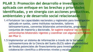 PILAR 3: Promoción del desarrollo e investigación
aplicada con enfoque en las brechas y prioridades
identificadas, y en sinergia con acciones productivas,
ambientales y de desarrollo social relacionadas
1.4 Fortalecer las capacidades nacionales y regionales para investigación
aplicada en suelos, como institutos nacionales, talleres
latinoamericanos, convenios bilaterales universitarios, programas
conjuntos de maestría y doctorado. Se sugiere explorar los convenios
universitarios bilaterales vigentes y coordinar con algunas actividades
del Pilar 2.
1.5 Implementar un sistema de información a través de la Sociedad
Latinoamericana de la Ciencia del Suelo (SLCS) sobre disponibilidad
de fondos potenciales de financiamiento para investigación y
colaboración científica a diferentes niveles y escalas.
 