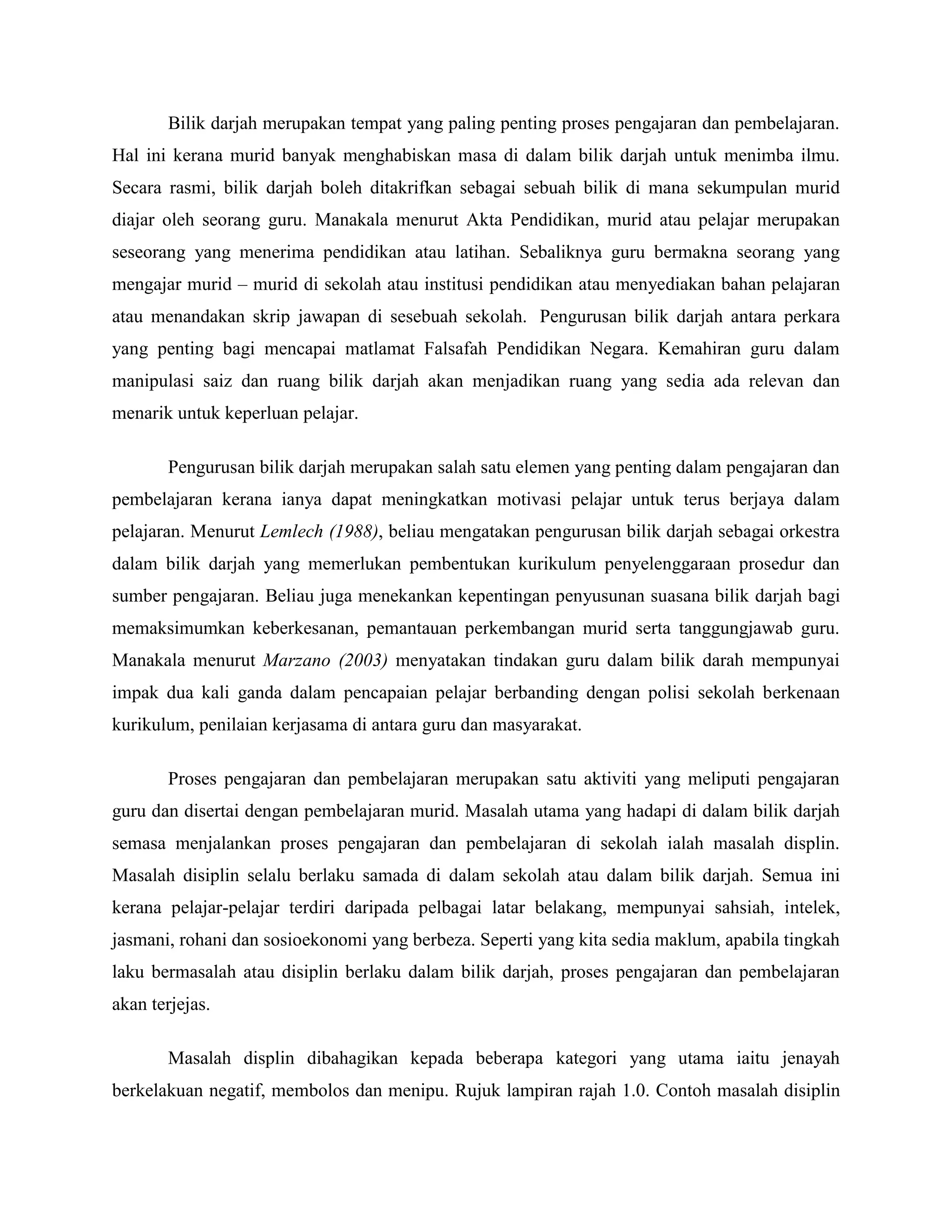MASALAH PEMBELAJARAN DAN PENGAJARAN DI DALAM BILIK DARJAH | PDF