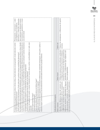 23
ELPLANDEÁREADEMATEMÁTICAS
Siseparamoslosjuguetesdelosniñosydelasniñas,¿Cuálcolecciónesmásgrande?¿Cuálcoleccióncontie-
nemáscantidaddeelementos?
¿Cuálcoleccióneslamáspequeña?¿Cuálcoleccióncontienemenoscantidaddeelementos?
Seconformarandiferentesgruposdeestudiantes,cadaunoconeljuguetepreferidoquellevoaclase,donde
selesdarácomoinstrucciónorganizarconeltotaldejuguetesdelequipodiferentesconjuntosteniendoen
cuentasuscaracterísticas(color,forma,tamaño).Conformadoslosconjuntoscontaráncuántoselementos
correspondenacadaconjuntoyseresponderánlassiguientespreguntas:
¿Cuáleslaﬁgurageométricaquemásserepiteenlosjuguetes?
Organizalosjuguetesdemayoramenorteniendoencuentaaltura,anchoyprofundidad,encadacaso
responde:
¿Cuálocupaelprimerlugar?
¿Cuálestáenquintolugar?
¿Cuálestádeúltimo?¿Cuálestáenelúltimolugar?
Propuestaadicional:Construyamosunjuguete
Paralaconstruccióndelosjugueteselestudiantedeberátraermateriales(empaques,tetrapack,cajitasy
vasosdeyogurt,entreotros)yconloselementosconstruidosinventarásupropiahistoria.
Pensamientovariacionalysiste-
masalgebraicosyanalíticos
Reconozcoydescriboregularida-
desypatronesendistintoscontex-
tos(numérico,geométricoymusi-
cal,entreotros)
Indicadoresdedesempeño
SaberconocerSaberhacerSaberser
Identiﬁcalosdiferentesusosdelnúmeroen
situacionesdemedición,conteo,comparación,
codiﬁcaciónylocalización,entreotros.
Diferenciaatributosypropiedadesenﬁguras
tridimensionalesyreconoceendisposiciones
deconjuntosdeellasregularidadesypatrones.
Utilizalosnúmeroscomoordinales,cardinales
ycódigospararesolversituacionescotidianas.
Construyeseriacionesdeﬁgurasgeométricas
atendiendoaindicacionesqueimplicanatri-
butosypropiedades.
Valoralassemejanzasydiferenciasdegente
cercana.
 