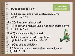 Activación de
conocimientos
1.- ¿Qué es una adición?
R/ Es agregar una o mas cantidades a otra
Ej: 34+ 10 = 44
2.- ¿Qué es una sustracción?
R/ Es quitar o reducir una o mas cantidades a otra
Ej: 34- 10 = 24
3.- ¿Qué es una multiplicación?
R/ Es una suma iterada (repetida)
Ej: 4+4+4 = 3 veces 4 = 3x4= 12
4.- ¿Qué es una división?
R/ Es repartir una cantidad en partes iguales
Ej: 24: 2 = 12
 