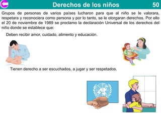 Derechos de los niños                                  50
Grupos de personas de varios países lucharon para que al niño se le valorara,
respetara y reconociera como persona y por lo tanto, se le otorgaran derechos. Por ello
el 20 de noviembre de 1989 se proclamo la declaración Universal de los derechos del
niño donde se establece que:
  Deben recibir amor, cuidado, alimento y educación.




    Tienen derecho a ser escuchados, a jugar y ser respetados.
 