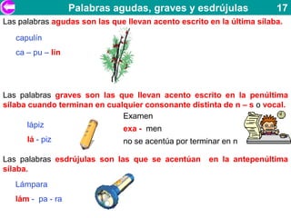 Palabras agudas, graves y esdrújulas                 17
Las palabras agudas son las que llevan acento escrito en la última sílaba.

   capulín
   ca – pu – lín




Las palabras graves son las que llevan acento escrito en la penúltima
sílaba cuando terminan en cualquier consonante distinta de n – s o vocal.
                              Examen
       lápiz                  exa - men
      lá - piz                 no se acentúa por terminar en n

Las palabras esdrújulas son las que se acentúan       en la antepenúltima
sílaba.
   Lámpara
   lám - pa - ra
 