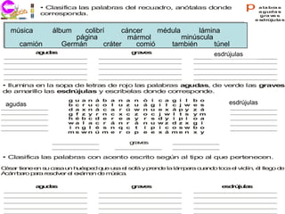 • Clasifica las palabras del recuadro, anótalas donde                                 p      a la bra s
                                                                                                          a guda s
             corresponda.                                                                                 gra v s
                                                                                                                e
                                                                                                         esdrújula s

   c lib
    o rí             ms a
                      ú ic                       á u
                                                  lb m                 G rm n
                                                                        e á
   música     rá álbum
             c te r         colibríión cáncer página
                              c m
                                a                 médula      láminaol
                                                                m rm
                                                                 á
                     c npágina                           minúscula
                                    ta b nmármol
   m ú u
    in sc la          á c r
                         e
                                      m ié             lá in
                                                         m a
     camióncom Germán
                 ió                cráter   comióula también
                                              md
                                               é                   túnel
                                                                 tú e
                                                                   n l
            a u a
             g d s                                   g v s
                                                      ra e                               esdrújulas la
                                                                                           e dú
                                                                                            s r ju s




• Ilumina en la sopa de letras de rojo las palabras agudas de verde las graves
                                                          ,
de amarillo las esdrújulas y escribelas donde corresponde.
                     g u   a n   á   b   a   n   a   n   ó   i   c a   g i   l   b   o
 agudas as
    a u
     g d             b c   r u   c   o   l   u   z   u   á   g   i l   c j   w   e   s       esdrújulas la
                                                                                                e rú
                                                                                                 sd ju s
                     d a   x n   á   c   a   r   ú   w   n   u   e x   á p   y   z   á
                     g f   z y   r   n   c   x   c   z   o   c   j w   l t   s   y   m
                     h é   b c   d   e   r   e   a   y   r   s   d y   i p   i   o   a
                     wa    l a   c   r   á   n   r   á   n   u   wz    d z   x   g   i
                     i n   g l   é   s   n   q   c   t   í   p   i c   o s   w   b   o
                     ms    wn    ú   m   e   r   o   p   e   e   x á   me    n   x   y

                                                  g v s
                                                   ra e


• Clasifica las palabras con acento escrito según al tipo al que pertenecen.

C s r tie e e s c sa u h é p d q e u a e so y p n e la lá p ra c a d to a e vio , é lle o d
 é a     n   n u a    n u s e   u   s   l  fá  re d      ma     u n o c    l   lín l   g   e
A m a p ra re lv r e e á e d m s a
 cá b ro a      so e l x m n e ú ic .

            a u a
             g d s                                   g v s
                                                      ra e                                 e d ú la
                                                                                            s r ju s
 