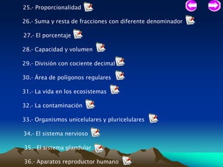 25.- Proporcionalidad

26.- Suma y resta de fracciones con diferente denominador

27.- El porcentaje

28.- Capacidad y volumen

29.- División con cociente decimal

30.- Área de polígonos regulares

31.- La vida en los ecosistemas

32.- La contaminación

33.- Organismos unicelulares y pluricelulares

34.- El sistema nervioso

35.- El sistema glandular

36.- Aparatos reproductor humano
 