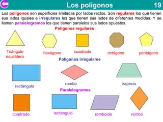 Los polígonos                                  19
Los polígonos son superficies limitadas por lados rectos. Son regulares los que tienen
sus lados iguales e irregulares los que tienen sus lados de diferentes medidas. Y se
llaman paralelogramos los que tienen paralelos sus lados opuestos.
                            Polígonos regulares




  Triángulo           hexágono          cuadrado         octágono          pentágono
  equilátero
                              Polígonos irregulares




                                  rombo                         trapecio
       rectángulo
                               Paralelogramos




     cuadrado              rectángulo              romboide          rombo
 