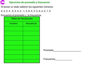 Ejercicios de promedio y frecuencia
Al lanzar un dado salieron los siguientes números:
4, 3, 2, 4 , 5, 2, 4, 4 , 1, 3, 6, 4, 3, 3, 6, 4, 2, 1, 5
Encuentra el promedio y la frecuencia.
         Tabla de frecuencias

         número             frecuencia




                                                Promedio_____________________


                                                Frecuencia_____________
 