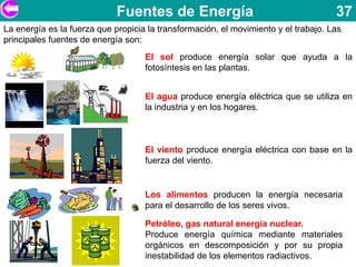 Fuentes de Energía                                      37
La energía es la fuerza que propicia la transformación, el movimiento y el trabajo. Las
principales fuentes de energía son:
                                    El sol produce energía solar que ayuda a la
                                    fotosíntesis en las plantas.


                                    El agua produce energía eléctrica que se utiliza en
                                    la industria y en los hogares.



                                    El viento produce energía eléctrica con base en la
                                    fuerza del viento.


                                    Los alimentos producen la energía necesaria
                                    para el desarrollo de los seres vivos.

                                    Petróleo, gas natural energía nuclear.
                                    Produce energía química mediante materiales
                                    orgánicos en descomposición y por su propia
                                    inestabilidad de los elementos radiactivos.
 