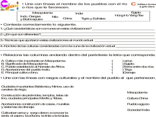 • Une con líneas el nombre de los pueblos con el río              c    iviliza c iones

   ecco
   j ri i    o ríos que le favorecen.                                                 a gríc ola s


                   M s p ta ia
                    eo o m                    In ia
                                                d                              E ip
                                                                                g to
            In o G n e
              d, a g s                                                 H n -H Y n -T
                                                                        o g o a g se
                              Nilo
            yB h a u
               ra m p tra             C in
                                       h a       T ris y E fra s
                                                  ig      u te

• Contesta correctamente lo siguiente.
1 Q é c ra te
 .-¿ u a c rístic s s n co u e e e ta c
                 a o      m n s n s s iviliz c n s? _ _ _ _ _ _ _ _ _ _ _ _ _ _ _ _ _
                                            a io e     _ __ _ _ __ _ _ _ __ _ _ __
_ _ __ _ _ __ _ _ _ __ _ _ __ _ _ _ __ _ _ __ _ _ _ __ _ _ __ _ _ _ __ _ _
 _ _ _ __ _ _ _ __ _ _ __ _ _ _ __ _ _ __ _ _ _ __ _ _ __ _ _ _ __ _ _ __
2 E q é s n d re te _ _ _ _ _ _ _ _ _ _ _ _ _ _ _ _ _ _ _ _ _ _ _ _ _ _ _ _ _ _ _
 .-¿ n u o ife n s? _ _ _ _ _ _ _ _ _ _ _ _ _ _ _ _ _ _ _ _ _ _ _ _ _ _ _ _ _ _
_ _ __ _ _ __ _ _ _ __ _ _ __ _ _ _ __ _ _ __ _ _ _ __ _ _ __ _ _ _ __ _ _
 _ _ _ __ _ _ _ __ _ _ __ _ _ _ __ _ _ __ _ _ _ __ _ _ __ _ _ _ __ _ _ __
3 é n s q e a o ro e a civ
 .-T c ica u p rta n st s    iliza io e a m n o a tu l. _ _ _ _ _ _ _ _ _ _ _ _ _ _ _ _
                                  c n s l ud     c a _ __ _ _ _ __ _ _ __ _ _ _ _
_ _ __ _ _ __ _ _ _ __ _ _ __ _ _ _ __ _ _ __ _ _ _ __ _ _ __ _ _ _ __ _ _
 _ _ _ __ _ _ _ __ _ _ __ _ _ _ __ _ _ __ _ _ _ __ _ _ __ _ _ _ __ _ _ __
4 o b d la cu ra c n id ra a co o la c n d la civ
 .-N m re e s ltu s o s e d s m           u a e       iliza ió a tu l _ _ _ _ _ _ _ _ _ _ _
                                                           c n c a _ __ _ _ _ __ _ _
_ _ __ _ _ __ _ _ _ __ _ _ __ _ _ _ __ _ _ __ _ _ _ __ _ _ __ _ _ _ __ _ _
 _ _ _ __ _ _ _ __ _ _ __ _ _ _ __ _ _ __ _ _ _ __ _ _ __ _ _ _ __ _ _ __

• Relaciona las columnas anotando dentro del paréntesis la letra que corresponda.

A C ltiv m s im o n e M s p ta ia
 . u o á          p rta te n e o o m .                             (      )a z
                                                                             rro .
B S n a o d M so o m .
 . ig ific d     e e p ta ia                                       (      ) E ip .
                                                                              g to
C P e lo e ta le id a N re te d Á a
 . u b      s b c o l o s       e fric .                           (      )T rra e tre d s río .
                                                                            ie     n    o     s
D A o c n s d l p e lo In io
 . p rta io e e u b         d .                                    (      )T o
                                                                             rig
E P c a cu
 . rin ip l   ltivo ch o
                      in .                                         (      )D n je
                                                                             re a

• U e co la lín s con ra
   n    n s    ea       sgo cultu les y e n m re d p blo a q e p rte ece
                           s     ra      l o b    el ue   l u   e n     n.

C d d s im o n s B b n y N ive u o d
 iu a e   p rta te a ilo ia ín , s  e
c n le d rie o
 a a s e g .
                                                                             M s p ta ia
                                                                              eo o m
Cno stru ió d p m e , te p s, te s d
         cc n e irá id s  m lo   la e
lin , ciu a e p cip le M n y T b s.
   o     d d s rin a s e fis   e a                                           C ltu C in
                                                                              u ra h a

A o c n s c n tru ció d c s s, m ra s
 p rta io e o s c n e a a       u lla                                        P e lo e ip io
                                                                              u b    g c
y s te a d d n je
   is m s e re a .
                                                                             S c d d In ia
                                                                              o ie a   d
C ltiva a a z y s rg d ro a co o e la
 u     b n rro     o o ie n        n c r
s d , e p p , la p lv ra la tin y la b ju .
 e a l a iro      ó o ,        ta     rú la
 