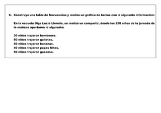 6. Construye una tabla de frecuencias y realiza un gráfico de barras con la siguiente información:
En la escuela Olga Lucia Lloreda, se realizó un compartir, donde los 250 niños de la jornada de
la mañana aportaron lo siguiente:
30 niños trajeron bombones.
80 niños trajeron galletas.
50 niños trajeron bananas.
40 niños trajeron papas fritas.
50 niños trajeron gaseosa.
 