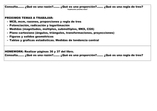 Consulta……. ¿Qué es una razón?....... ¿Qué es una proporción?....... ¿Qué es una regla de tres?
“explicación próxima clase”
PROXIMOS TEMAS A TRABAJAR:
- MCD, mcm, razones, proporciones y regla de tres
- Potenciación, radicación y logaritmación
- Medidas (magnitudes, múltiplos, submúltiplos, MKS, CGS)
- Plano cartesiano (ángulos, triángulos, transformaciones, proyecciones)
- Figuras y solidos geométricos
- Tablas y graficas estadísticas. Medidas de tendencia central
HOMEWORK: Realizar páginas 36 y 37 del libro.
Consulta……. ¿Qué es una razón?....... ¿Qué es una proporción?....... ¿Qué es una regla de tres?
 