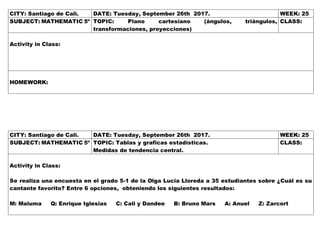 CITY: Santiago de Cali. DATE: Tuesday, September 26th 2017. WEEK: 25
SUBJECT: MATHEMATIC 5º TOPIC: Plano cartesiano (ángulos, triángulos,
transformaciones, proyecciones)
CLASS:
Activity in Class:
HOMEWORK:
CITY: Santiago de Cali. DATE: Tuesday, September 26th 2017. WEEK: 25
SUBJECT: MATHEMATIC 5º TOPIC: Tablas y graficas estadísticas.
Medidas de tendencia central.
CLASS:
Activity in Class:
Se realiza una encuesta en el grado 5-1 de la Olga Lucia Lloreda a 35 estudiantes sobre ¿Cuál es su
cantante favorito? Entre 6 opciones, obteniendo los siguientes resultados:
M: Maluma Q: Enrique Iglesias C: Cali y Dandee B: Bruno Mars A: Anuel Z: Zarcort
 