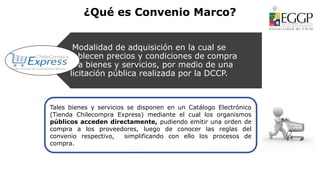 ¿Qué es Convenio Marco?
Modalidad de adquisición en la cual se
establecen precios y condiciones de compra
para bienes y servicios, por medio de una
licitación pública realizada por la DCCP.
Tales bienes y servicios se disponen en un Catálogo Electrónico
(Tienda Chilecompra Express) mediante el cual los organismos
públicos acceden directamente, pudiendo emitir una orden de
compra a los proveedores, luego de conocer las reglas del
convenio respectivo, simplificando con ello los procesos de
compra.
 