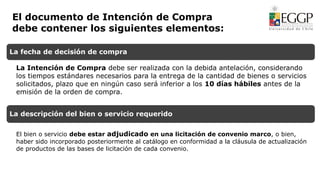 El documento de Intención de Compra
debe contener los siguientes elementos:
La fecha de decisión de compra
La Intención de Compra debe ser realizada con la debida antelación, considerando
los tiempos estándares necesarios para la entrega de la cantidad de bienes o servicios
solicitados, plazo que en ningún caso será inferior a los 10 días hábiles antes de la
emisión de la orden de compra.
La descripción del bien o servicio requerido
El bien o servicio debe estar adjudicado en una licitación de convenio marco, o bien,
haber sido incorporado posteriormente al catálogo en conformidad a la cláusula de actualización
de productos de las bases de licitación de cada convenio.
 