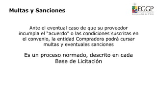 Ante el eventual caso de que su proveedor
incumpla el “acuerdo” o las condiciones suscritas en
el convenio, la entidad Compradora podrá cursar
multas y eventuales sanciones
Multas y Sanciones
Es un proceso normado, descrito en cada
Base de Licitación
 