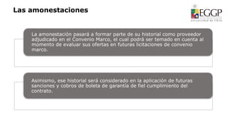 La amonestación pasará a formar parte de su historial como proveedor
adjudicado en el Convenio Marco, el cual podrá ser temado en cuenta al
momento de evaluar sus ofertas en futuras licitaciones de convenio
marco.
Asimismo, ese historial será considerado en la aplicación de futuras
sanciones y cobros de boleta de garantía de fiel cumplimiento del
contrato.
Las amonestaciones
 