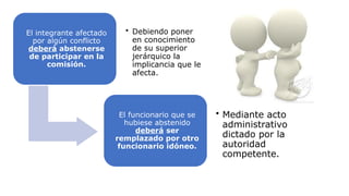 El integrante afectado
por algún conflicto
deberá abstenerse
de participar en la
comisión.
• Debiendo poner
en conocimiento
de su superior
jerárquico la
implicancia que le
afecta.
El funcionario que se
hubiese abstenido
deberá ser
remplazado por otro
funcionario idóneo.
• Mediante acto
administrativo
dictado por la
autoridad
competente.
 