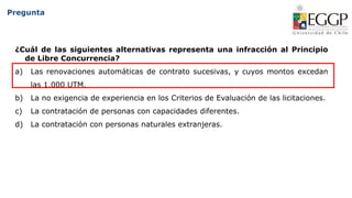 Pregunta
¿Cuál de las siguientes alternativas representa una infracción al Principio
de Libre Concurrencia?
a) Las renovaciones automáticas de contrato sucesivas, y cuyos montos excedan
las 1.000 UTM.
b) La no exigencia de experiencia en los Criterios de Evaluación de las licitaciones.
c) La contratación de personas con capacidades diferentes.
d) La contratación con personas naturales extranjeras.
 